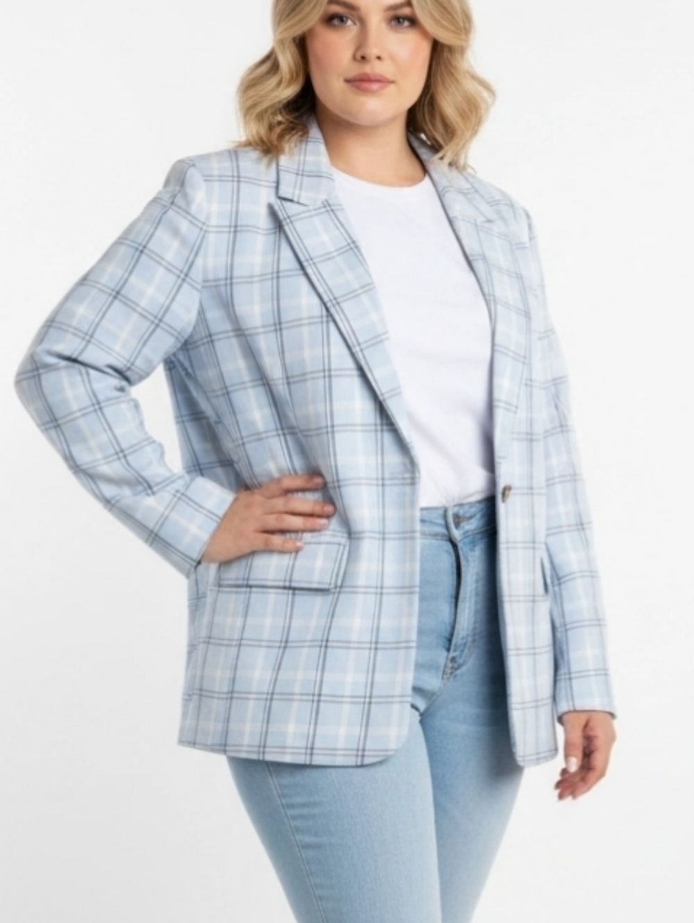 Halogen Womens Blazer Sz 22W Ligh Blue & Gray Window Pane One Button Lined